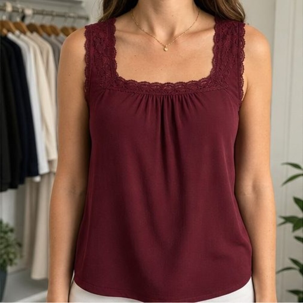 Burgundy Lace Trim Top - Picture 2 of 6